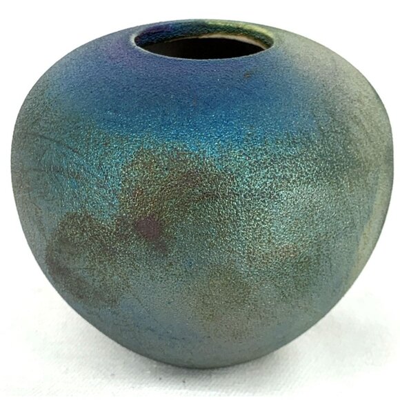 Jeremy Diller Raku Art Pottery Vase Iridescent Metallic Green Signed 2.5" - Picture 4 of 7